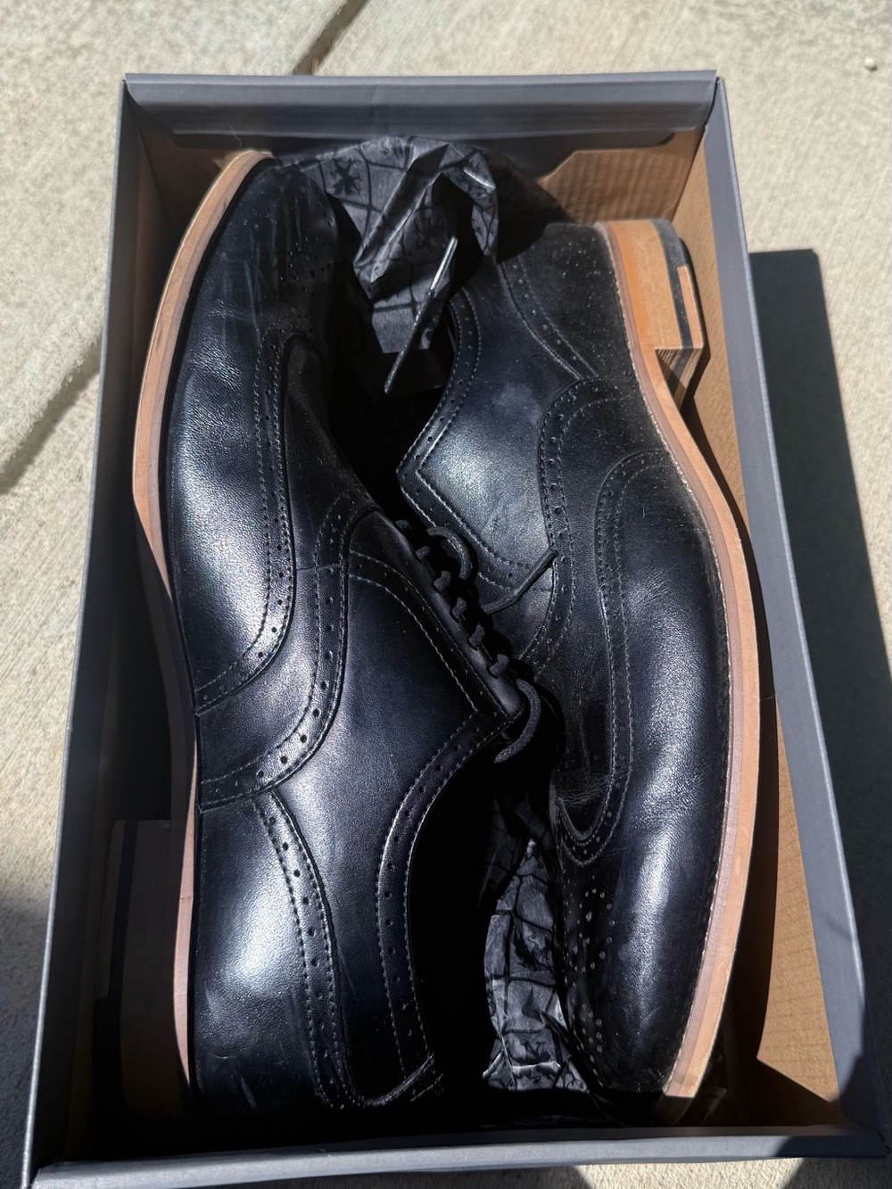 Stacy Adams Black Leather Wingtip Oxfords with Tan Soles